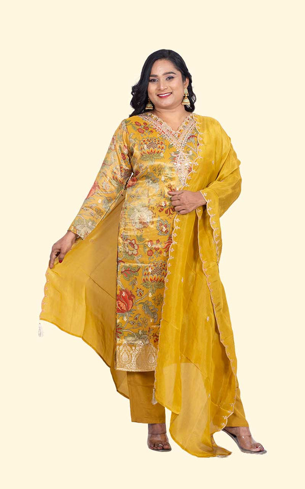 Yellow Kalamkari Tissue silk Suit Set