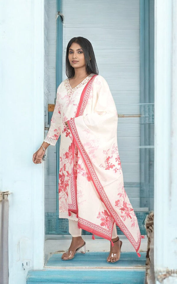 Off white Peach petals cotton suit set