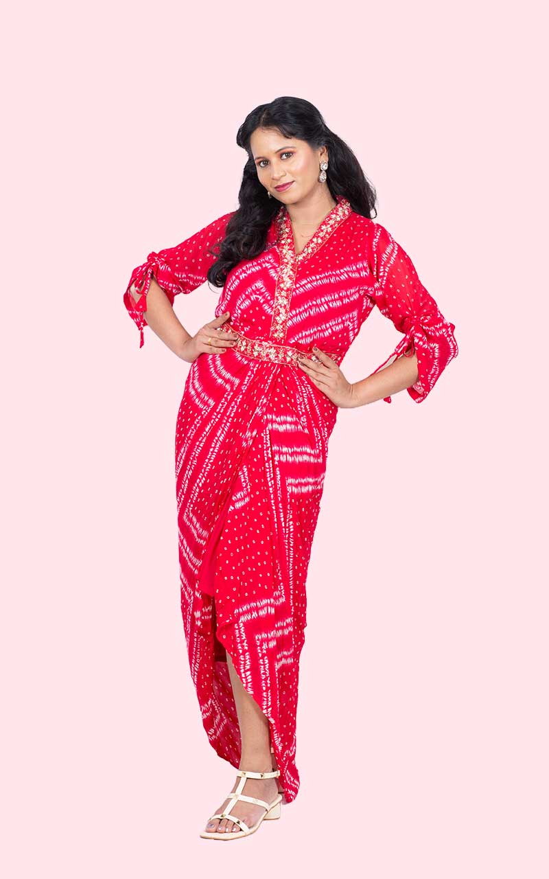 Red Megha Bandini Cowl Gown