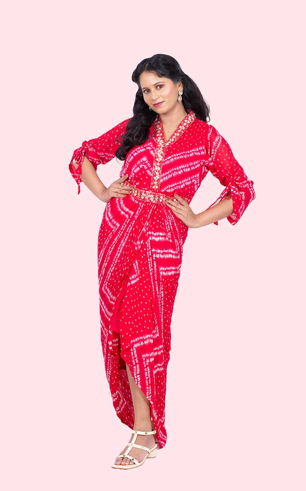 Red Megha Bandini Cowl Gown