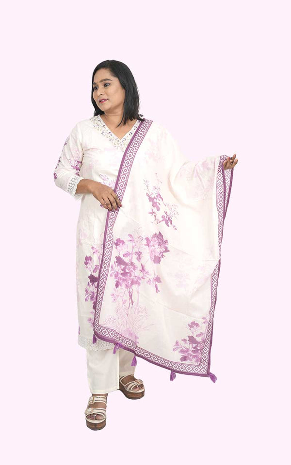 Off white Purple Petals cotton suit set