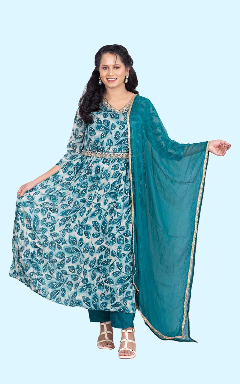 Teal Green Nyracut Chinon silk suit set