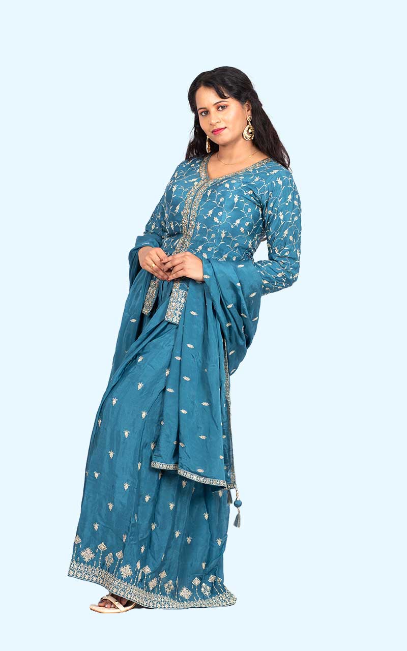Powder Blue Falak chinon silk embroidered Blazer set