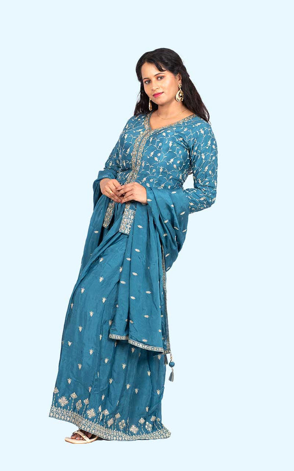 Powder Blue Falak chinon silk embroidered Blazer set