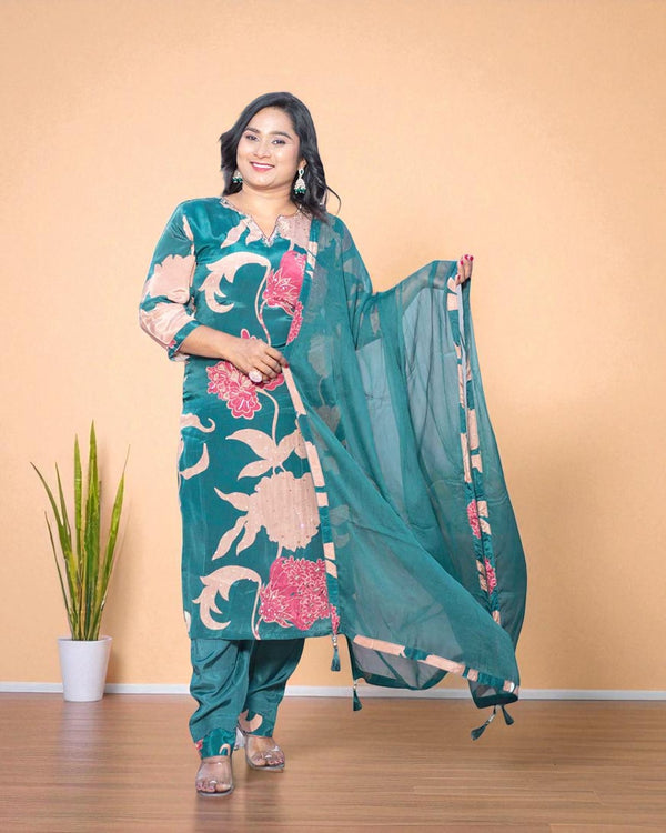 Bottle Green Sana Crepe silk suit set