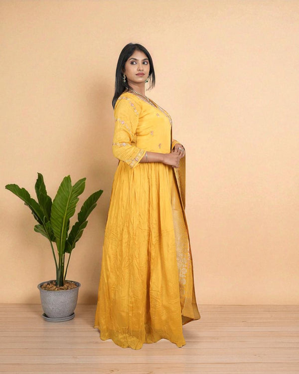 Yellow Mishika chinon silk Handcrafted Gown