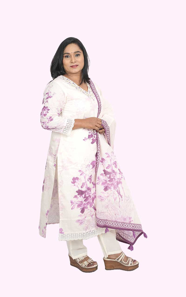 Off white Purple Petals cotton suit set