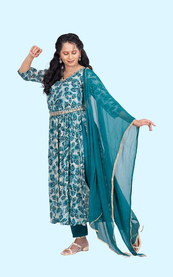 Teal Green Nyracut Chinon silk suit set