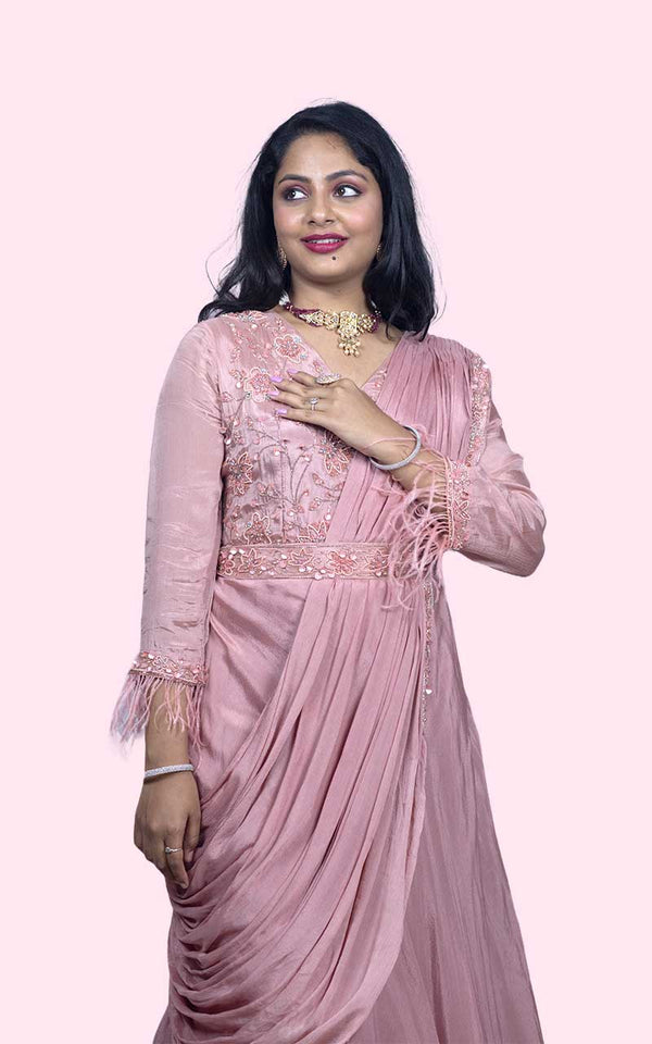 Onion Pink Chinon silk drape gown - Indo Western