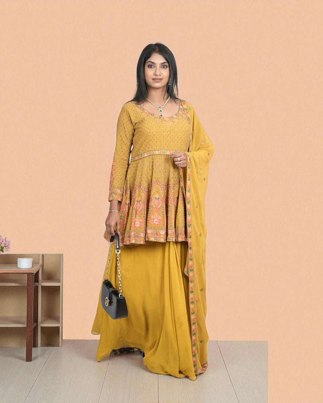 Yellow Zia Peplum Kurta and skirt set