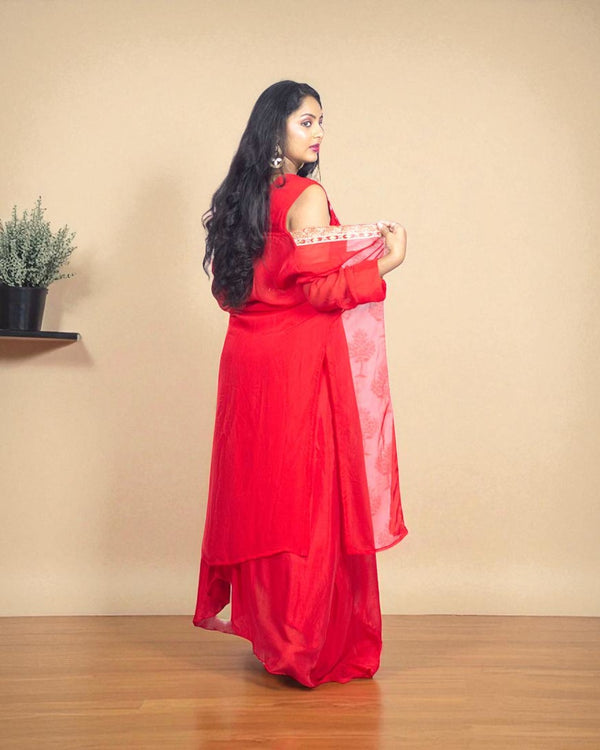 Red Chinon silk Handcrafted Jacket Lehanga Set
