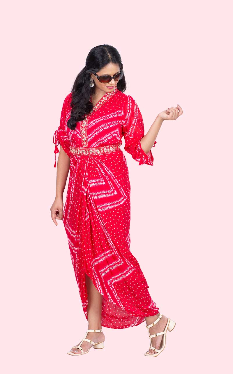 Red Megha Bandini Cowl Gown