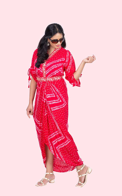 Red Megha Bandini Cowl Gown