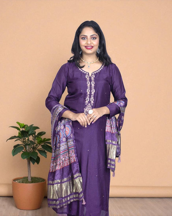 Purple Gajji silk Suit Set