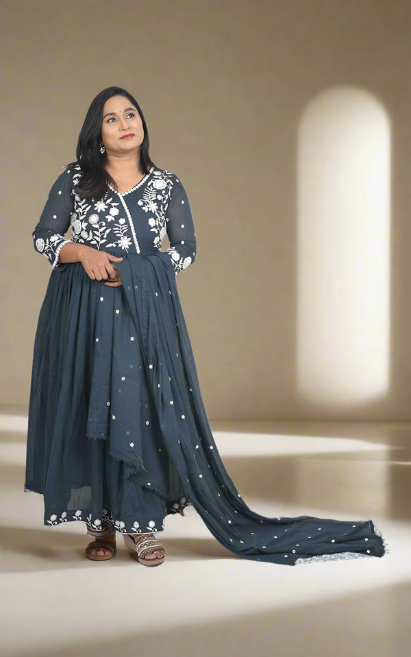 Blue Mul Cotton Anarkali set