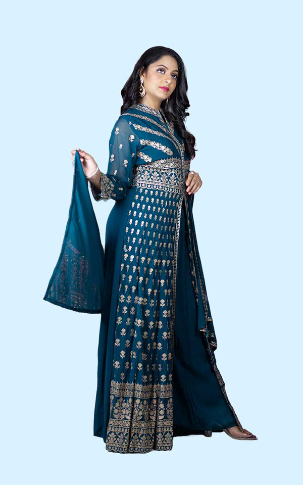 Teal green Georgette sharara set