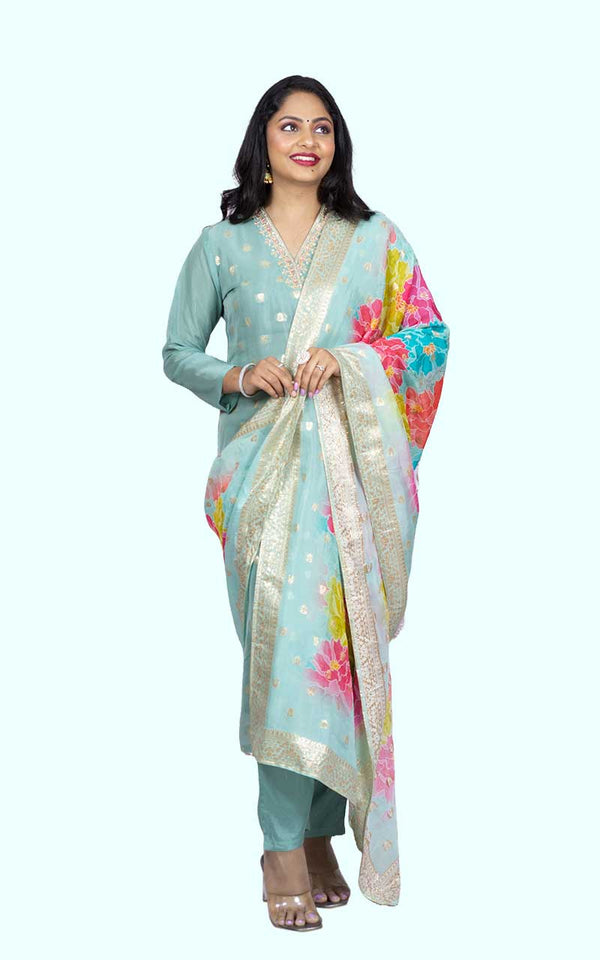 Powder Blue Organza Banarasi Suit Set