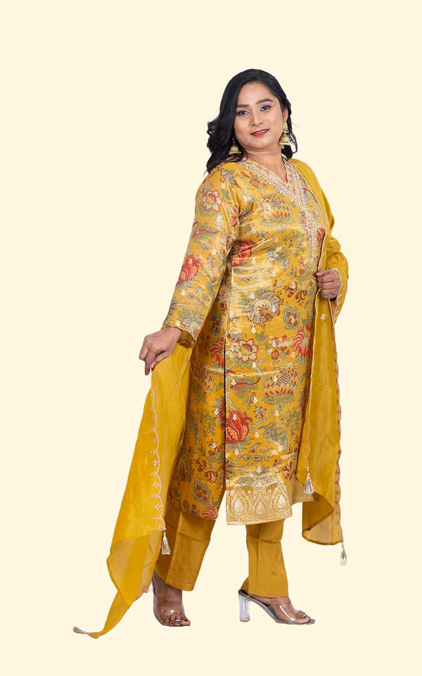 Yellow Kalamkari Tissue silk Suit Set