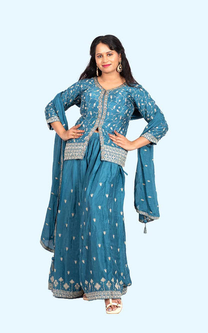 Powder Blue Falak chinon silk embroidered Blazer set