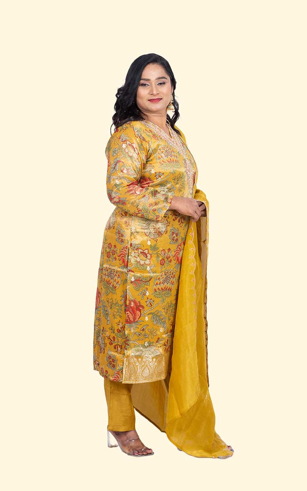 Yellow Kalamkari Tissue silk Suit Set
