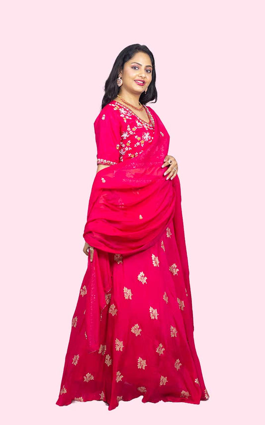 Pink Chinon Banarasi Lehanga