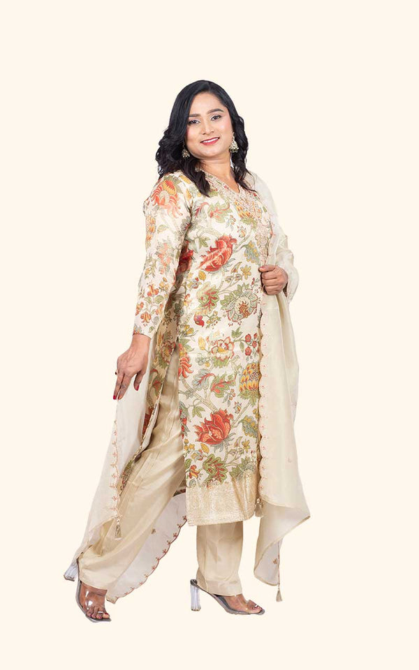Beige Kalamkari Tissue silk Suit Set