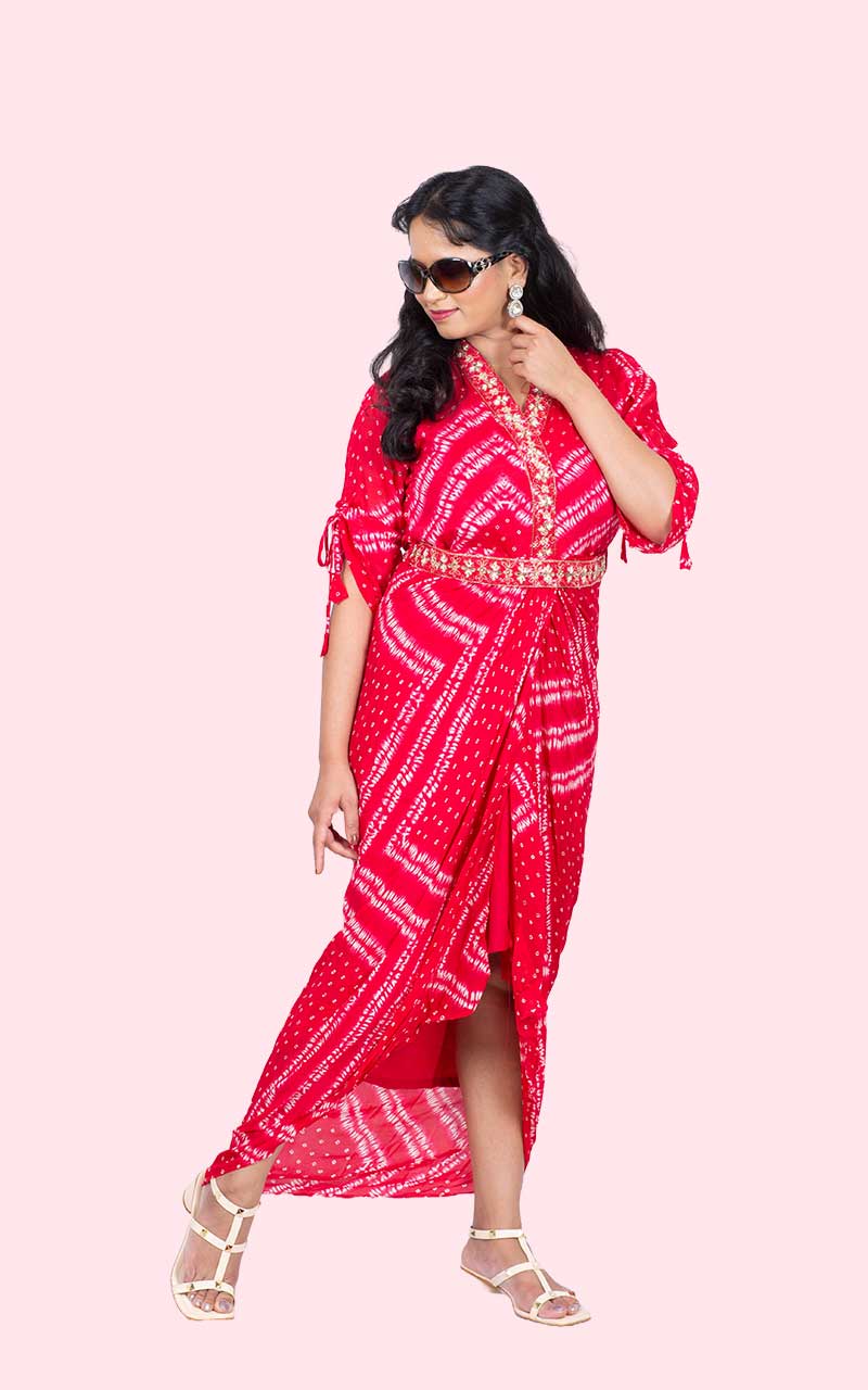 Red Megha Bandini Cowl Gown