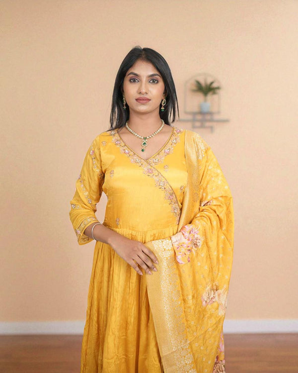 Yellow Mishika chinon silk Handcrafted Gown