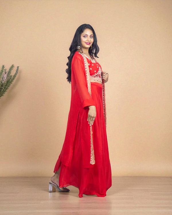 Red Chinon silk Handcrafted Jacket Lehanga Set