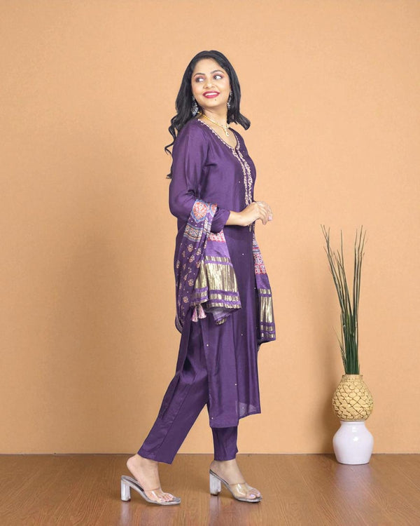 Purple Gajji silk Suit Set