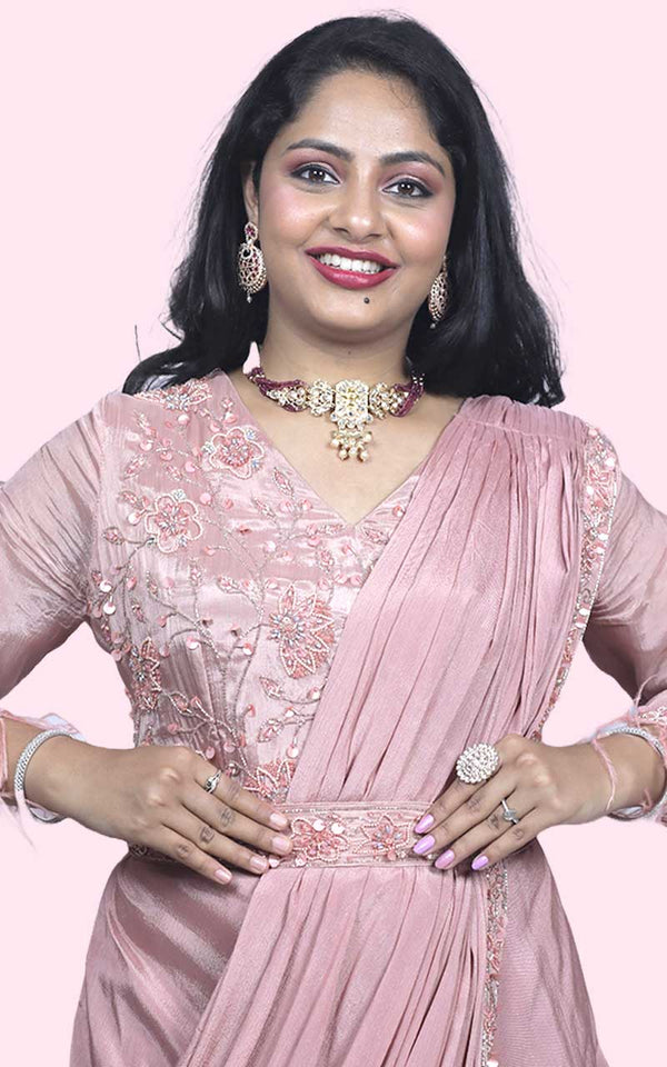 Onion Pink Chinon silk drape gown - Indo Western