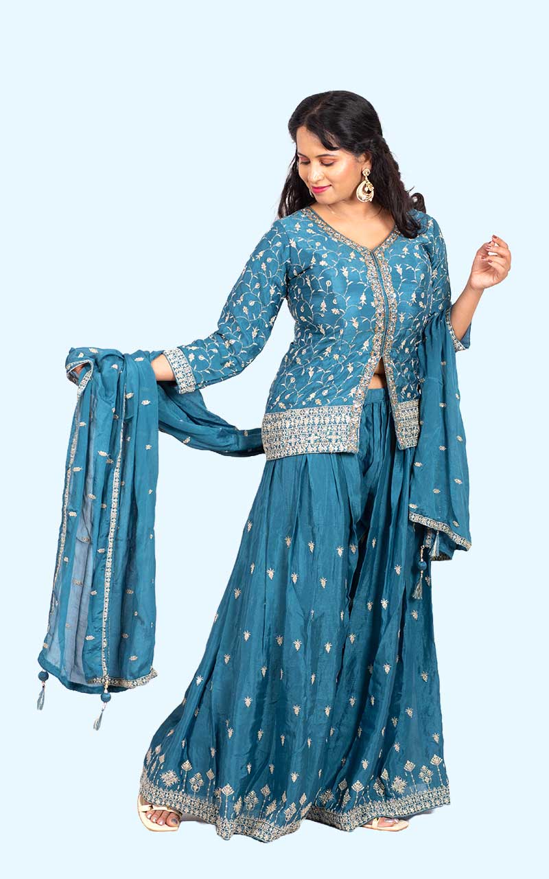 Powder Blue Falak chinon silk embroidered Blazer set