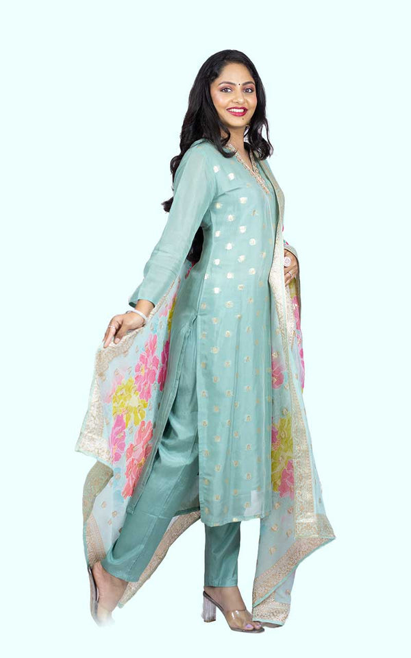 Powder Blue Organza Banarasi Suit Set