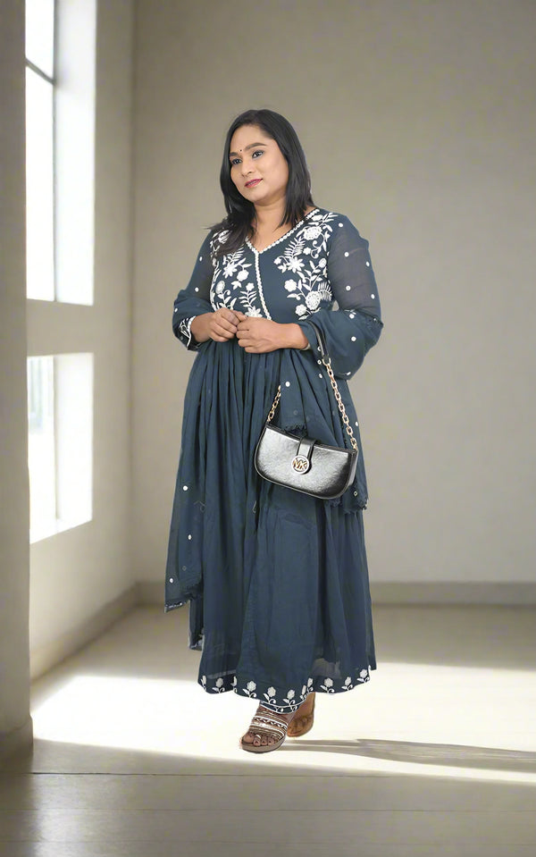 Blue Mul Cotton Anarkali set