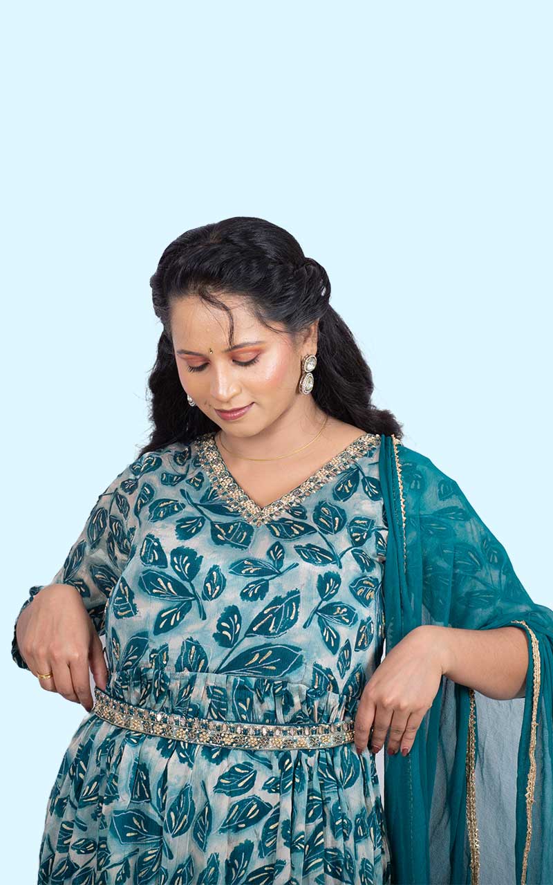 Teal Green Nyracut Chinon silk suit set