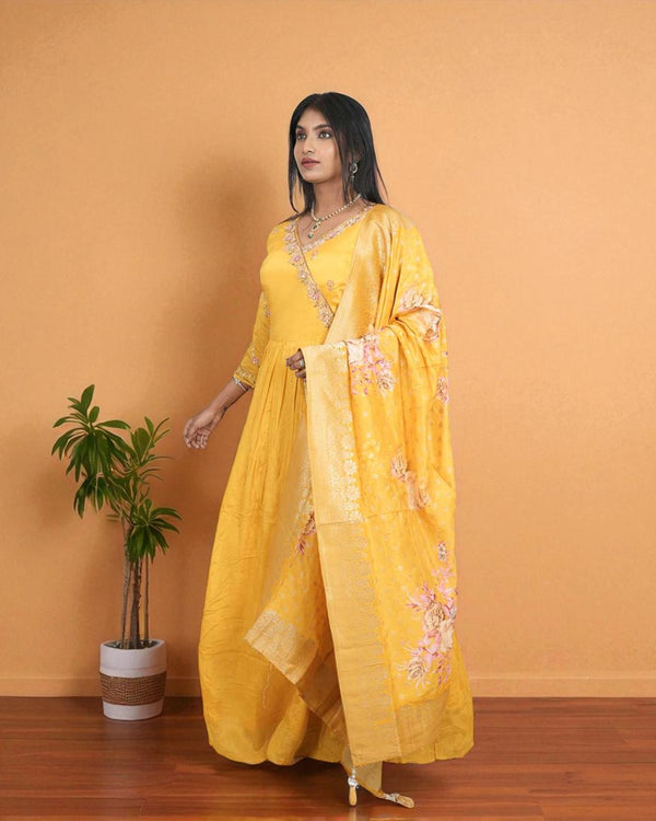 Yellow Mishika chinon silk Handcrafted Gown