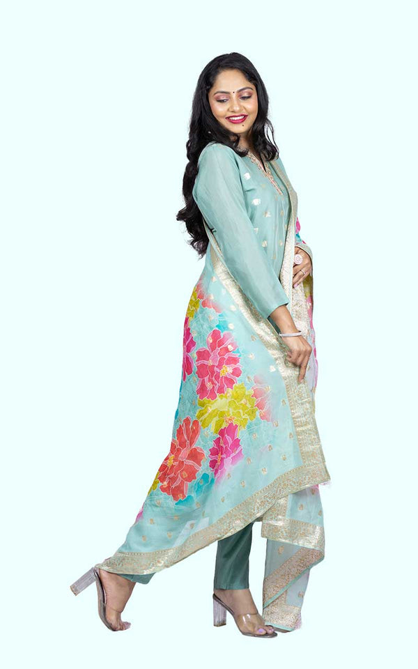 Powder Blue Organza Banarasi Suit Set