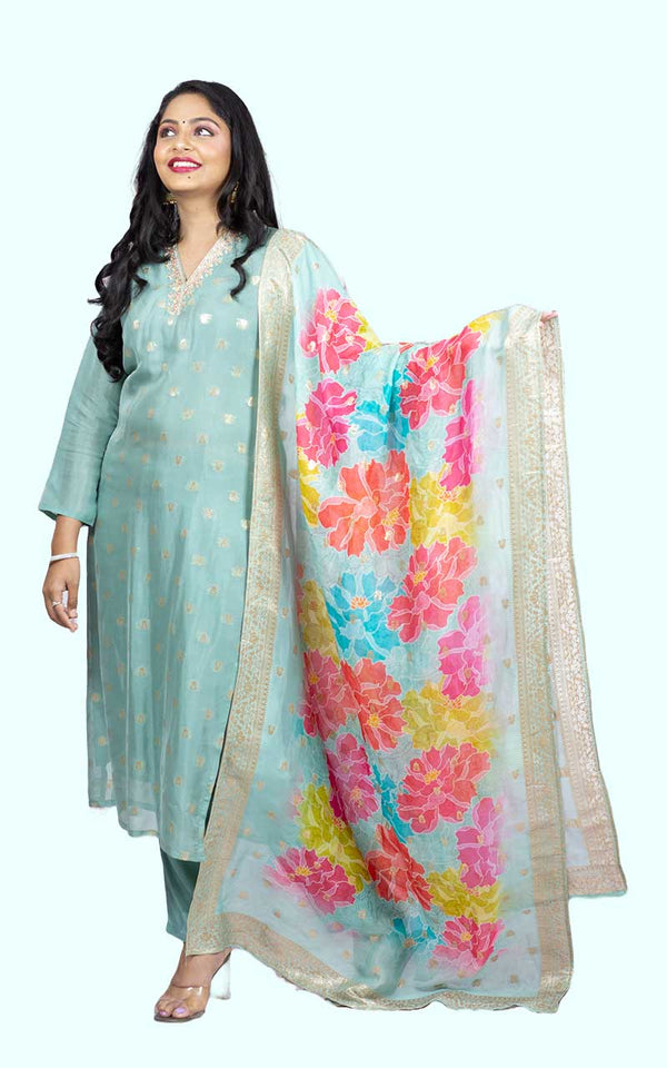 Powder Blue Organza Banarasi Suit Set