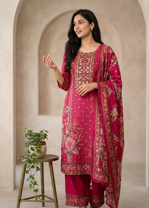 Pink Tarangini brocade digital print Crepe Silk Suit Set