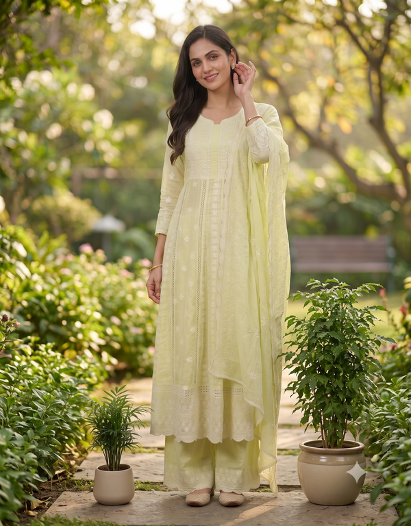 Pastel Green Mysha Mul Cotton Chikankari Anarkali Suit Set