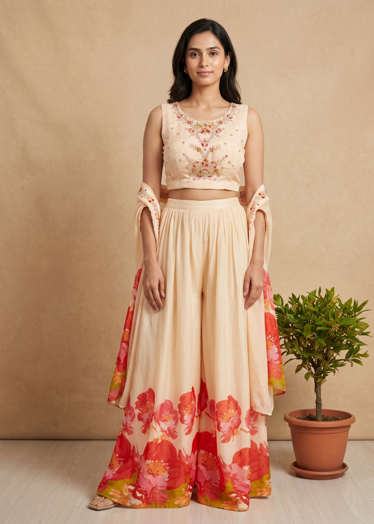 Peach Ishani Chinon silk Indowestern set