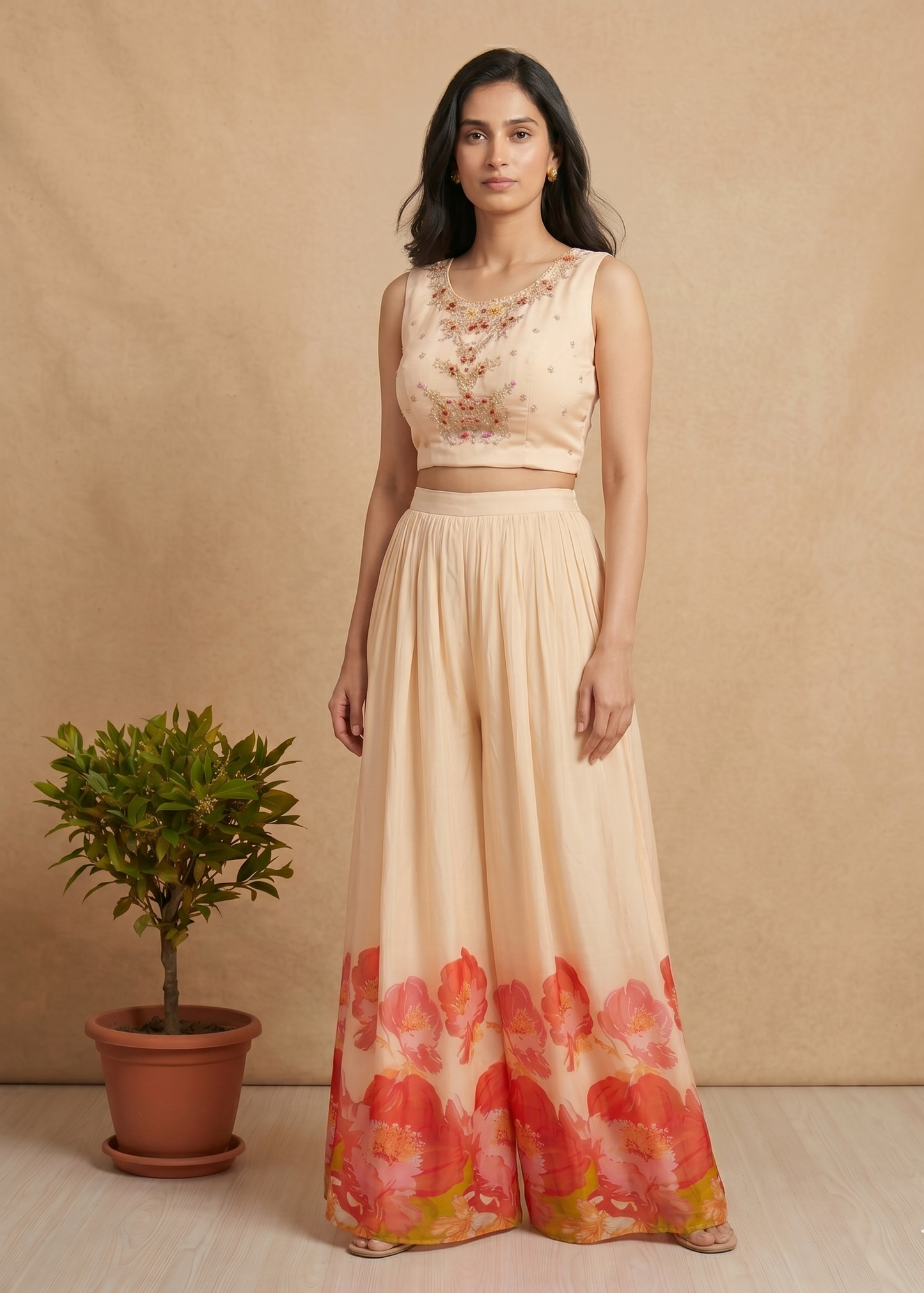 Peach Ishani Chinon silk Indowestern set