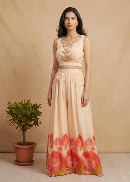 Peach Ishani Chinon silk Indowestern set