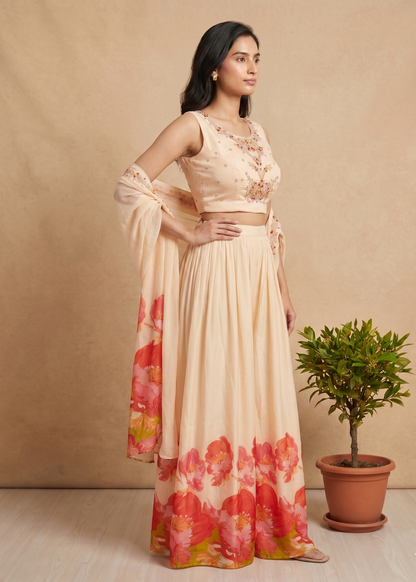 Peach Ishani Chinon silk Indowestern set