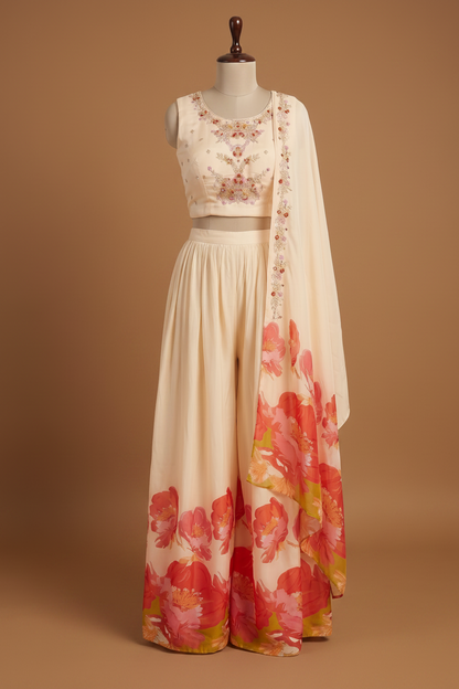 Peach Ishani Chinon silk Indowestern set
