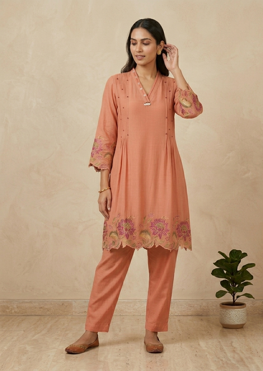 Women’s Peach Mul Chanderi Co-Ord Set – Stylish Tanu 2 Piece Kurta Set for Festive, Casual and Summer Wear