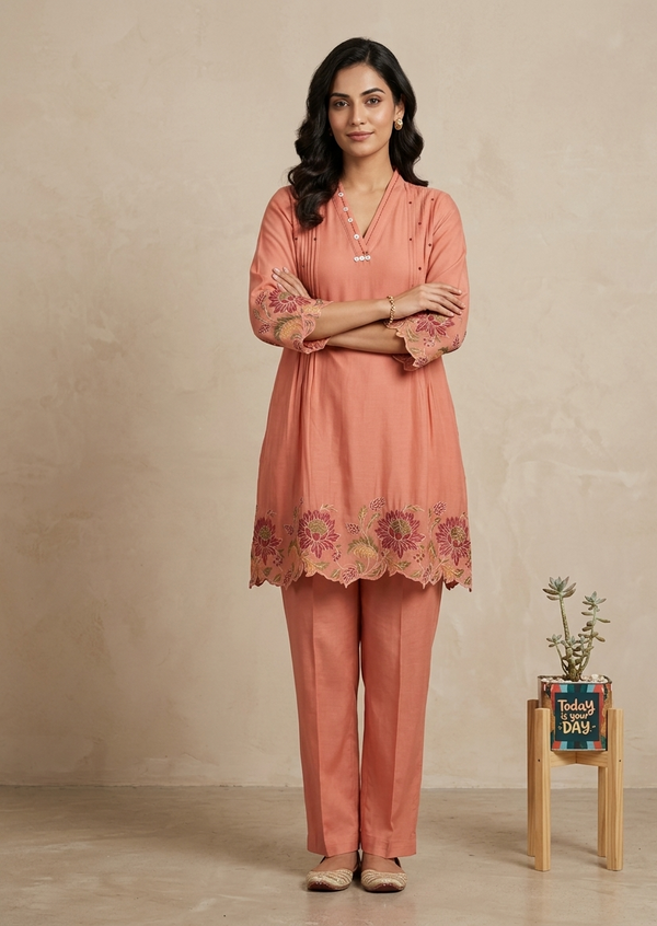Peach Chanderi Co-Ord Set for Women – Lightweight Mul Chanderi Ethnic Wear Set with Comfortable Fit and Elegant Design