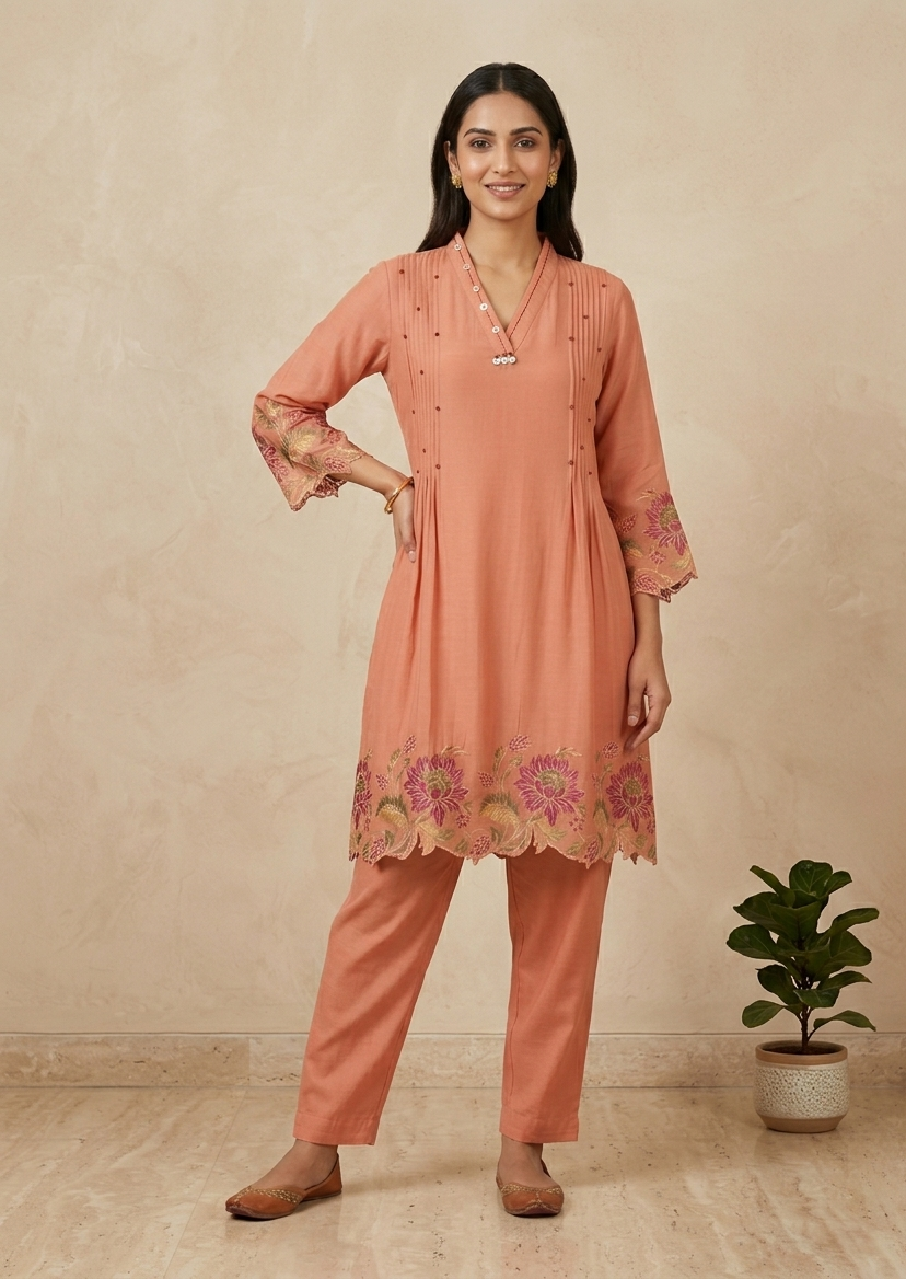 Women’s Designer Peach Co-Ord Set in Mul Chanderi – Elegant 2 Piece Indian Wear Outfit with Comfortable Silhouette