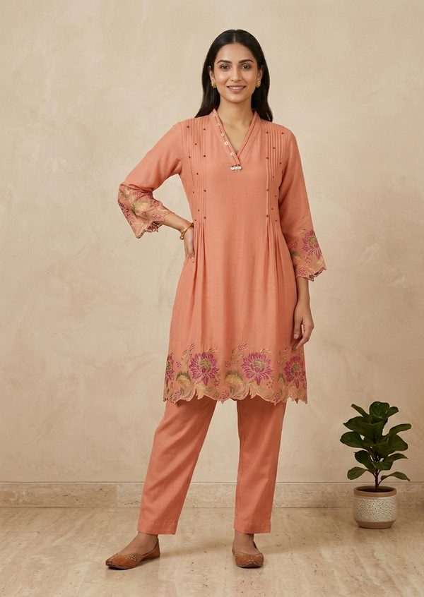 Women’s Designer Peach Co-Ord Set in Mul Chanderi – Elegant 2 Piece Indian Wear Outfit with Comfortable Silhouette