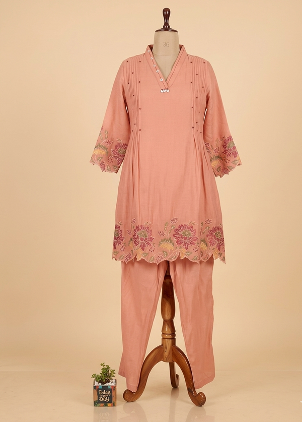 Peach Mul Chanderi Kurta Co-Ord Set – Tanu Women’s Ethnic Two Piece Set with Graceful Traditional Style